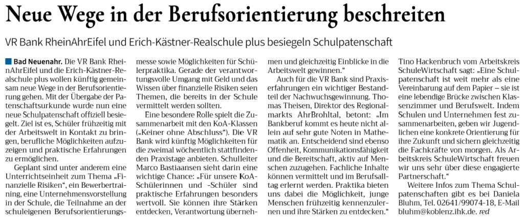 Zeitungsartikel „Neue Wege in der Berufsorientierung beschreiten“ über die Schulpartnerschaft der VR Bank RheinAhrEifel mit der Erich-Kästner-Realschule plus