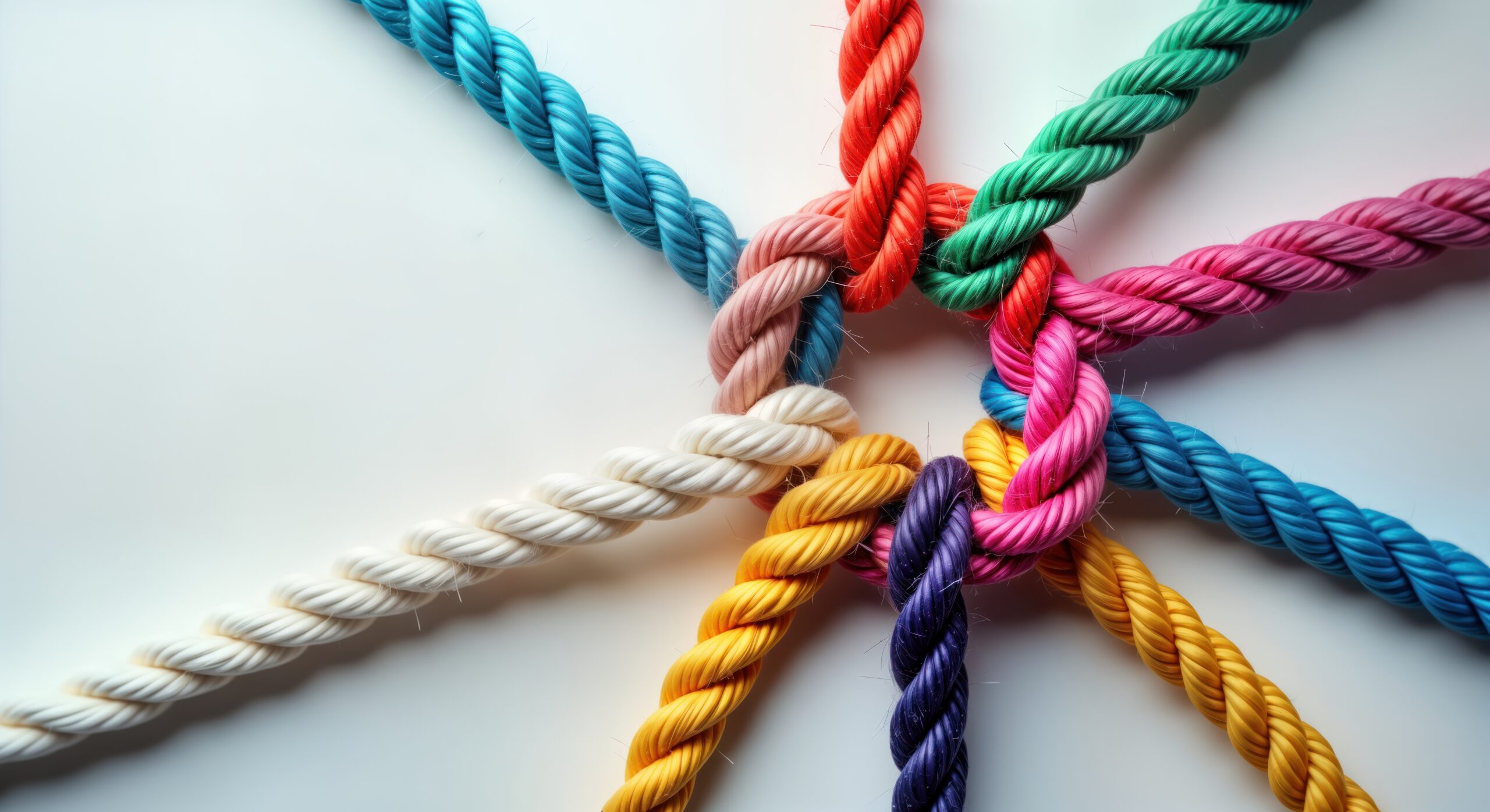 Colorful ropes intertwined in circle showing unity teamwork. Diverse ropes connected represent business metaphor for partnership synergy. Image collective effort to achieve common goal with strong